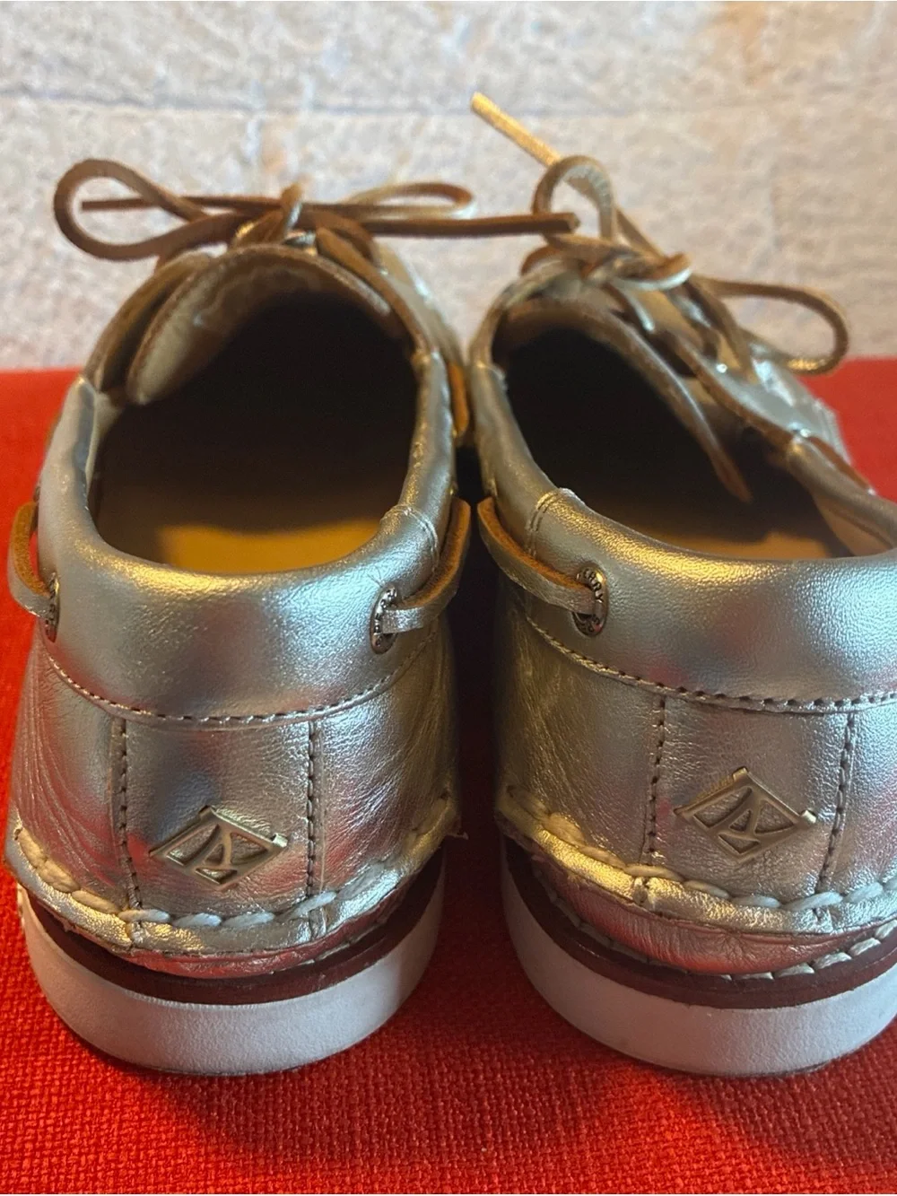 Sperry Metallic Silver Leather Men’s Boat Shoes with Brown Laces